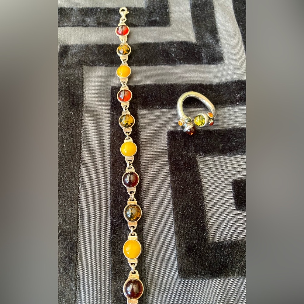 Genuine amber sterling silver bracelet and ring set